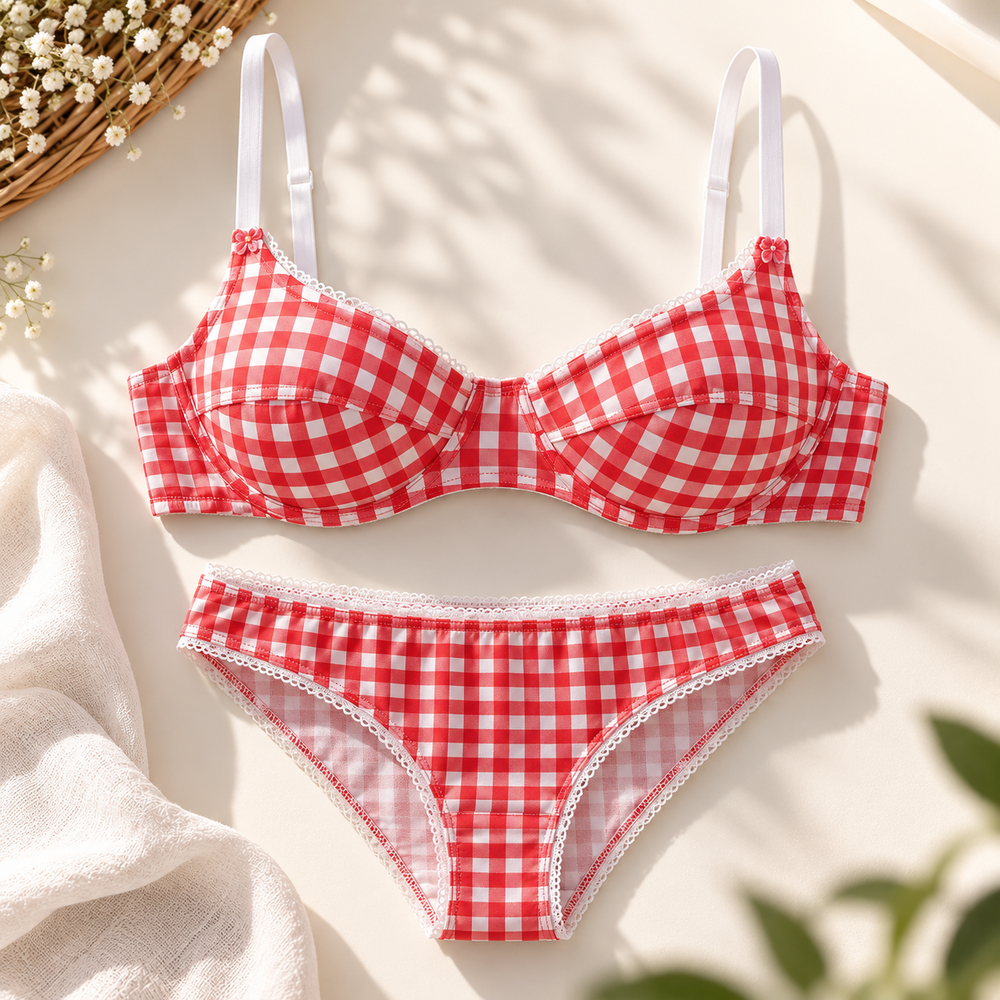 Soutien-gorge et culotte assortis, motif vichy rouge et blanc